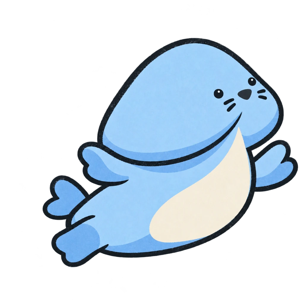 Blubbo leaping to the right with his little flippers open